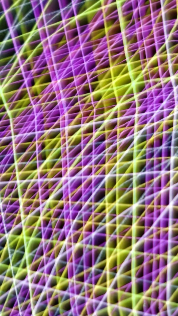 Vibrant abstract light pattern with purple, green, and yellow lines forming an intricate web.